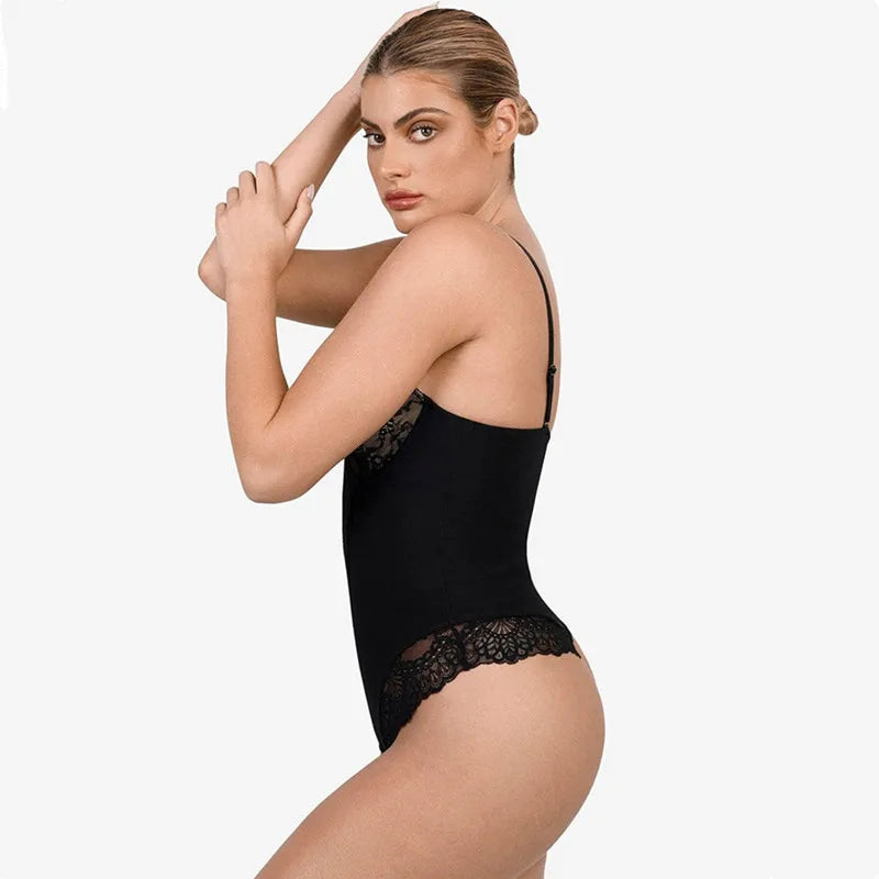 Deep-V Neck Lace Thong Bodysuit (30-Day Money Back Guarantee)