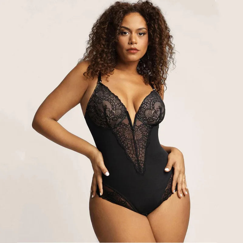 Deep-V Neck Lace Thong Bodysuit (30-Day Money Back Guarantee)