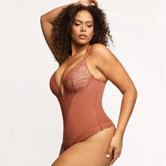 Deep-V Neck Lace Thong Bodysuit (30-Day Money Back Guarantee)